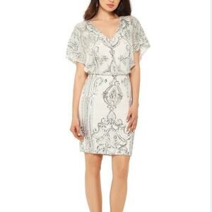 Betsy & Adam Silver Sequin Blouson Dress Women’s 4 Gatsby Cocktail Gown